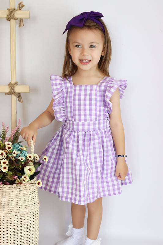 Kleid Lila Violetta - mit Plaid Muster in Lila und Weiß, Rüschensaum und passendes Haarband