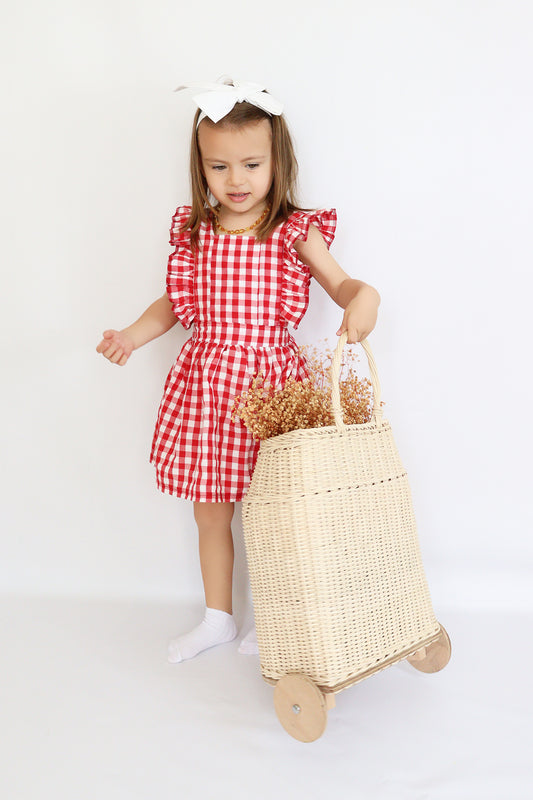 Rotes Kleid Violetta - mit Plaid Muster in rot und weiß, Rüschensaum und passendes Haarband