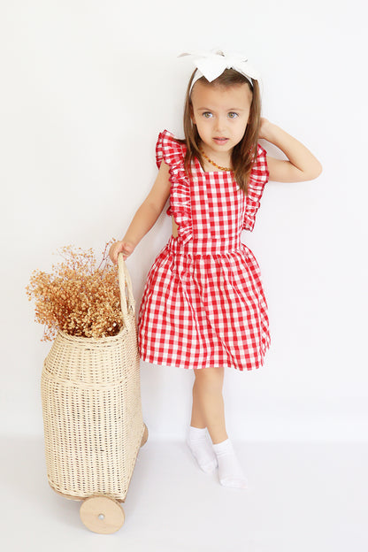 Rotes Kleid Violetta - mit Plaid Muster in rot und weiß, Rüschensaum und passendes Haarband