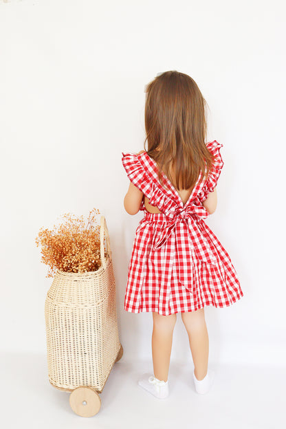 Rotes Kleid Violetta - mit Plaid Muster in rot und weiß, Rüschensaum und passendes Haarband